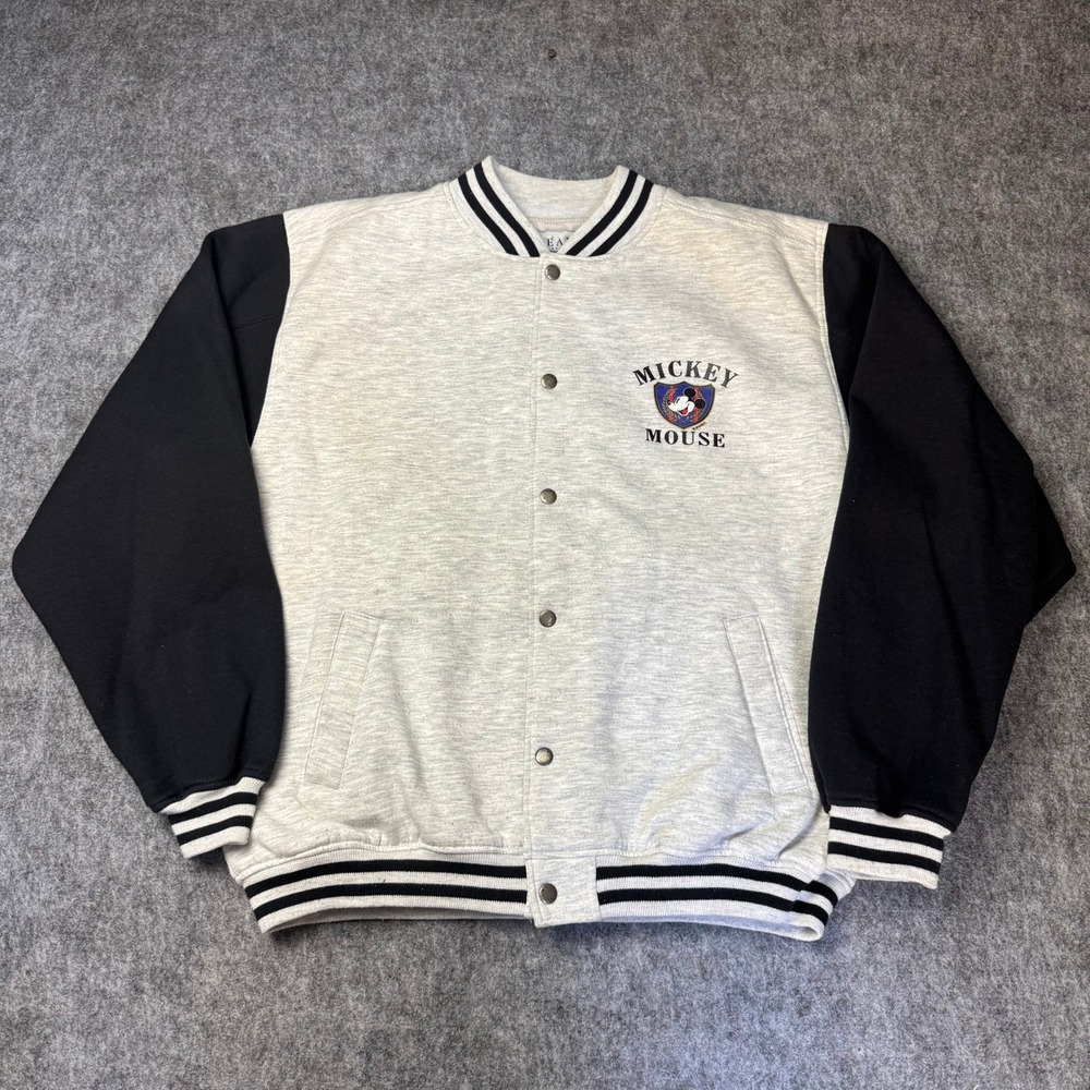 Vintage Mickey Mouse Varsity Jacket Disney Gear XL Spell Out Gray Black